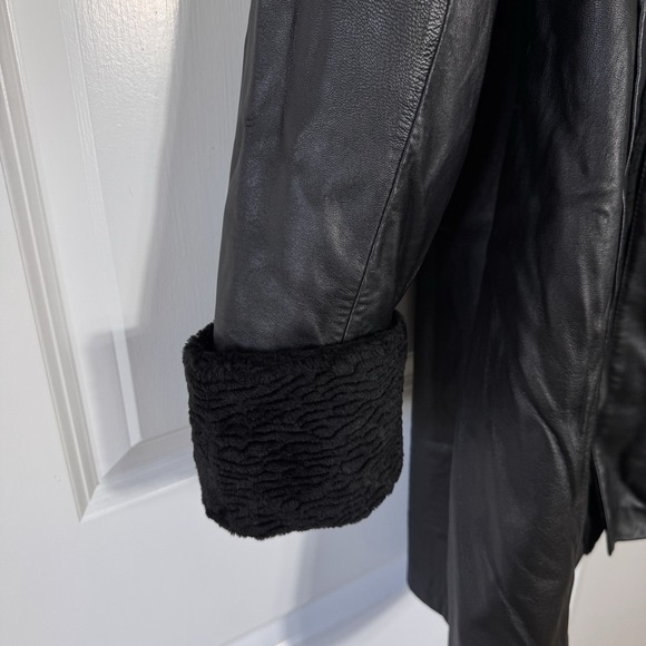 VTG Dennis Basso Women's L Black Leather Jacket Coat Faux Fur Mandarin Collar - Picture 5 of 9